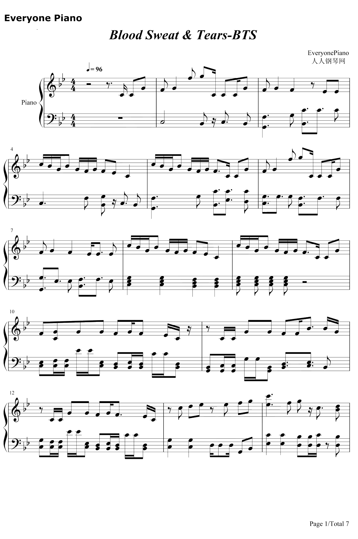 Blood Sweat &Tears钢琴谱-防弹少年团1