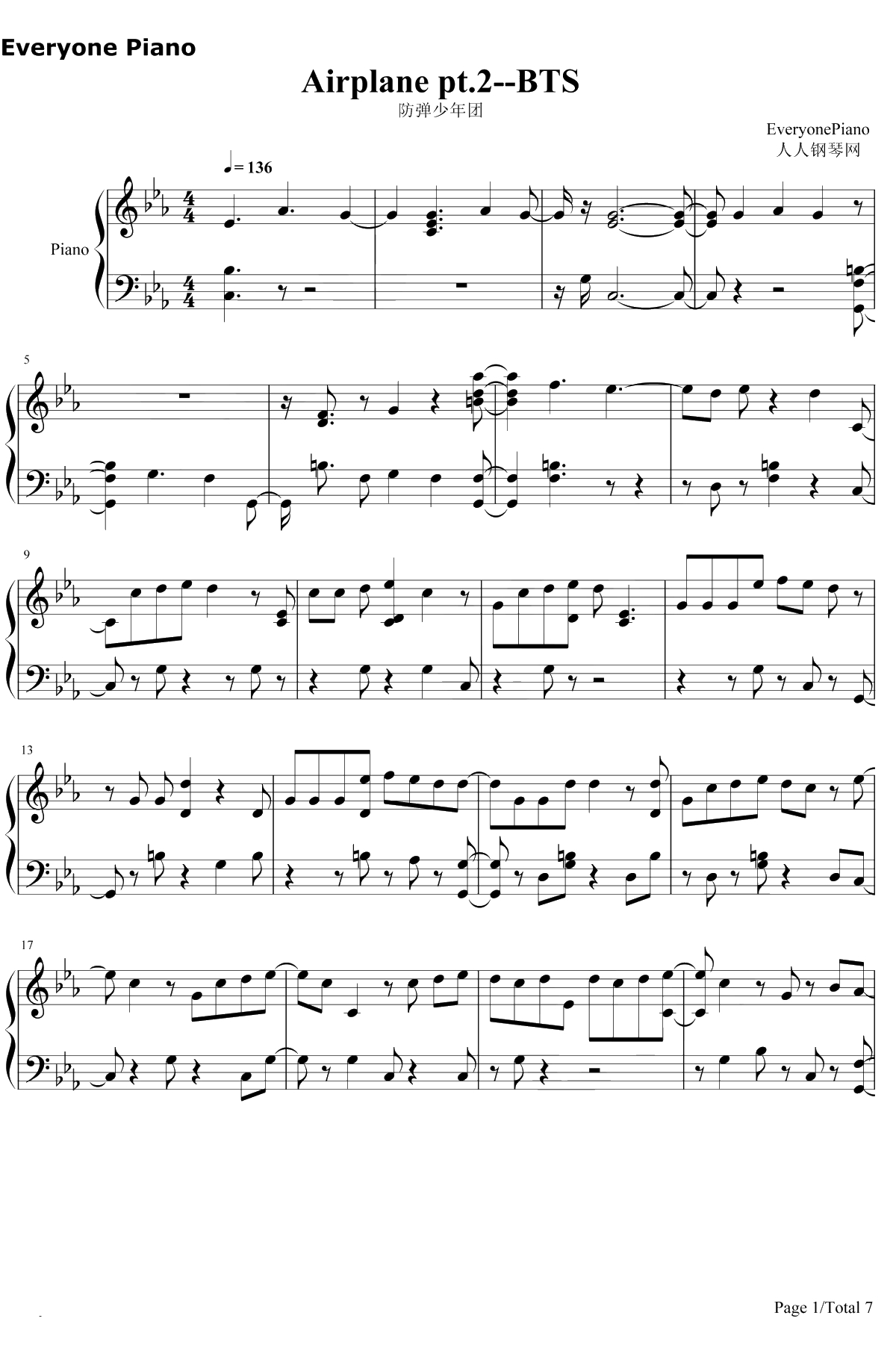 Airplanept.2钢琴谱--防弹少年团1