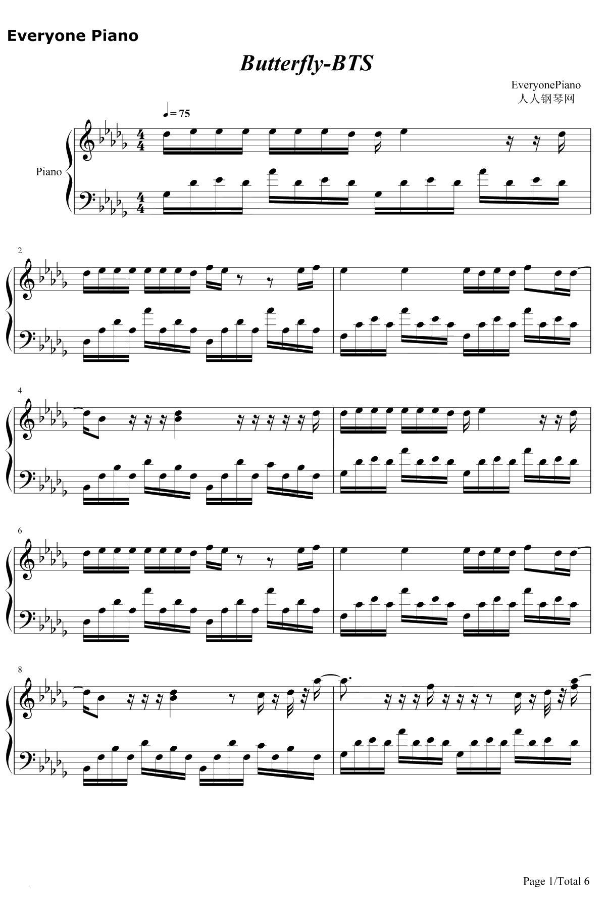 Butterfly钢琴谱-防弹少年团1