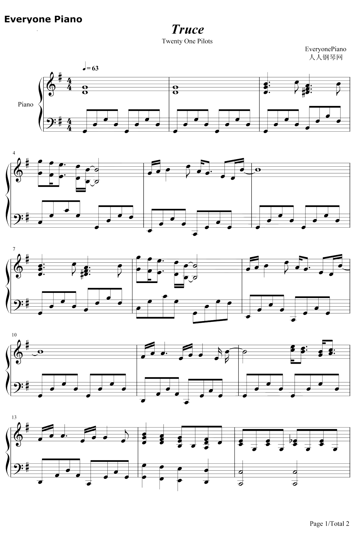 Truce钢琴谱-TwentyOnePilots1