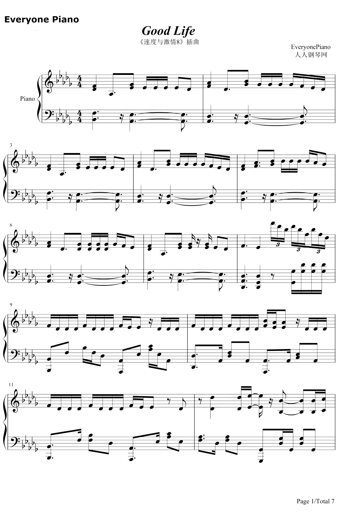 Good Life钢琴谱-G-EazyKehlani-速度与激情8插曲1