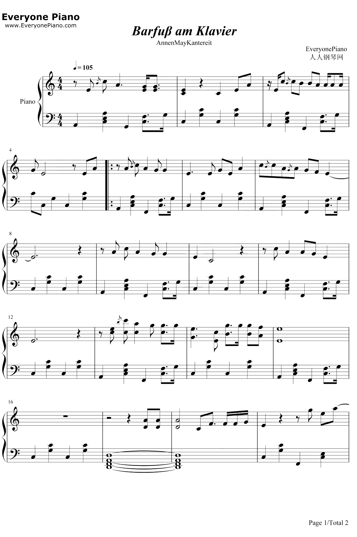 Barfuß Am Klavier钢琴谱-AnnenMayKantereit1