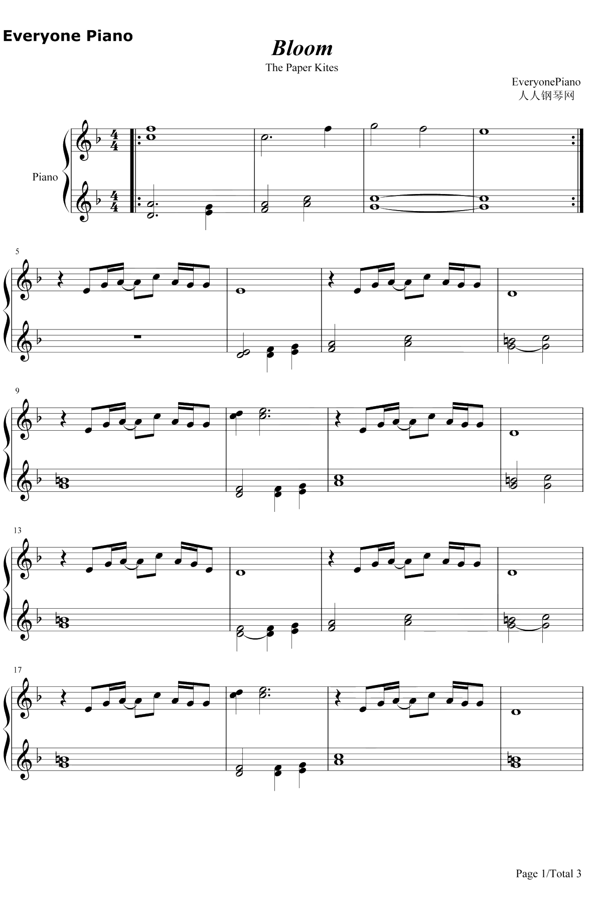 Bloom钢琴谱-ThePaperKites1