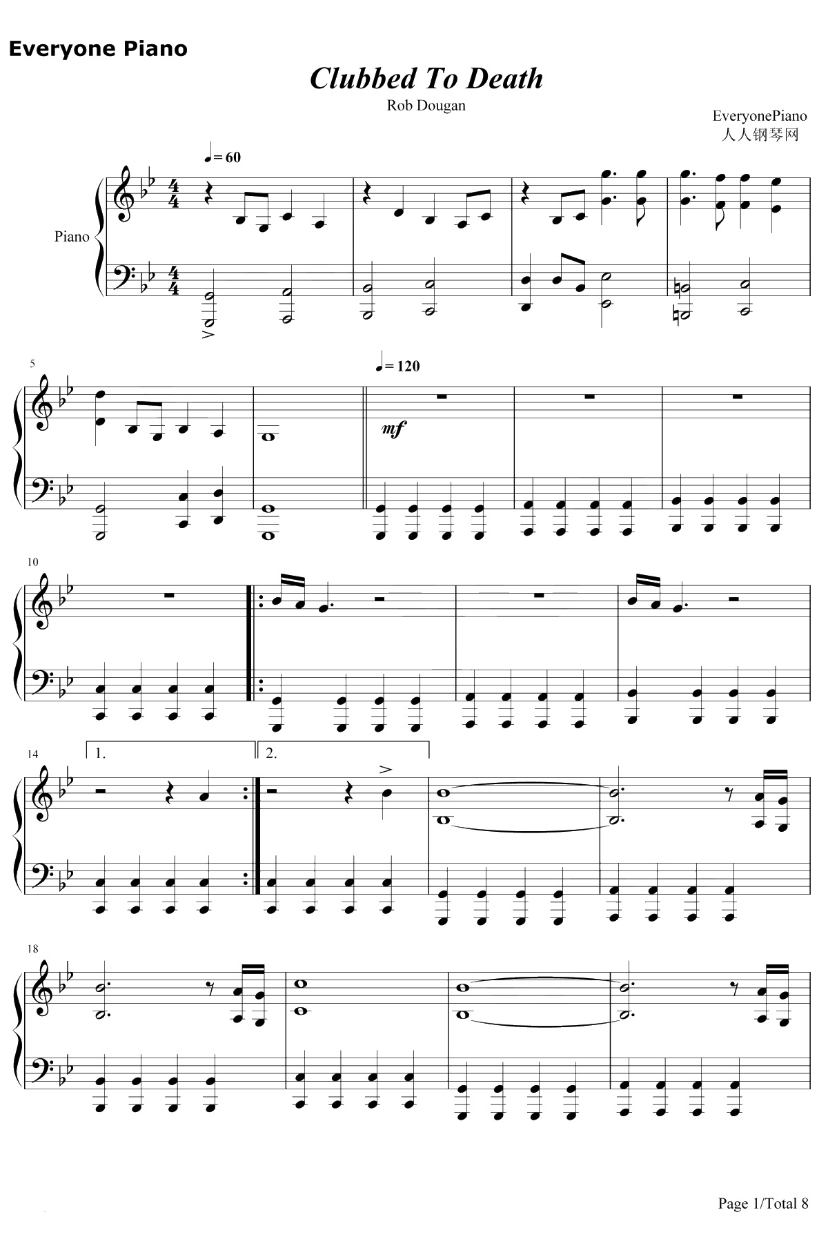 Clubbed to Death钢琴谱-RobDougan-黑客帝国OST1