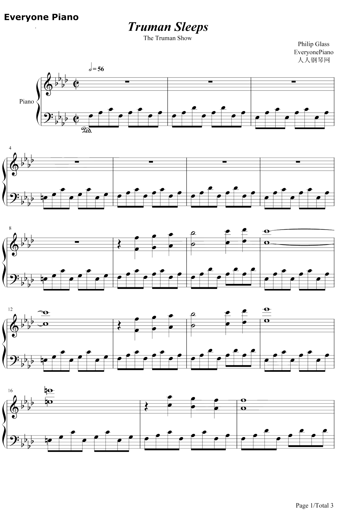 Truman Sleeps钢琴谱-PhilipGlass-楚门的世界OST1