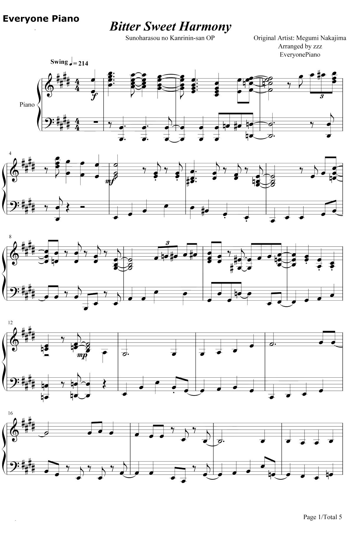 Bitter Sweet Harmony钢琴谱-中岛爱-春原庄的管理人小姐OP1