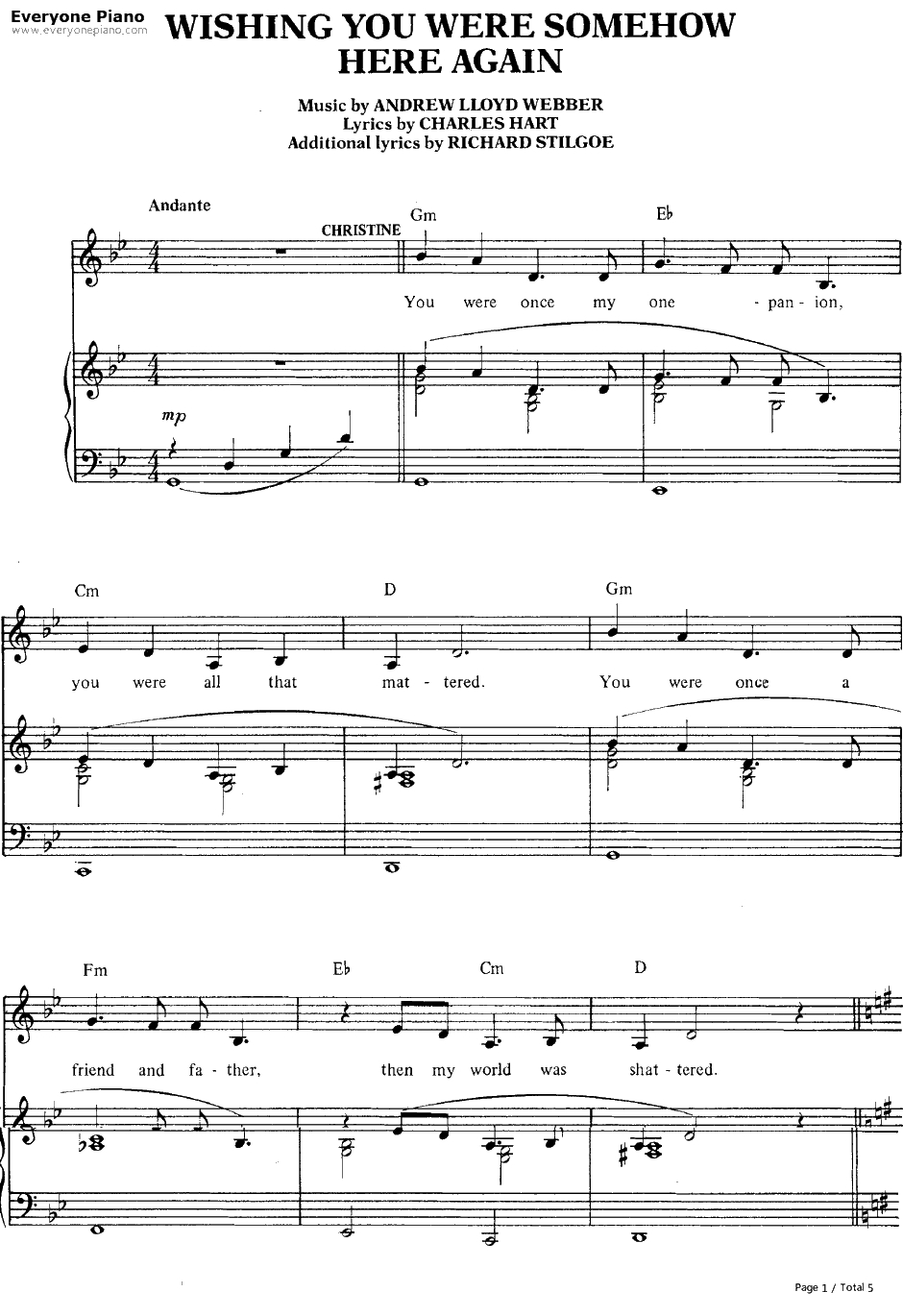 Wishing You Were Somehow Here Again钢琴谱-AndrewLloydWebber-歌剧魅影OST1