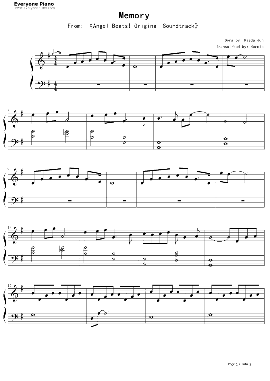Memory钢琴谱-麻枝准-AngelBeats!OST1