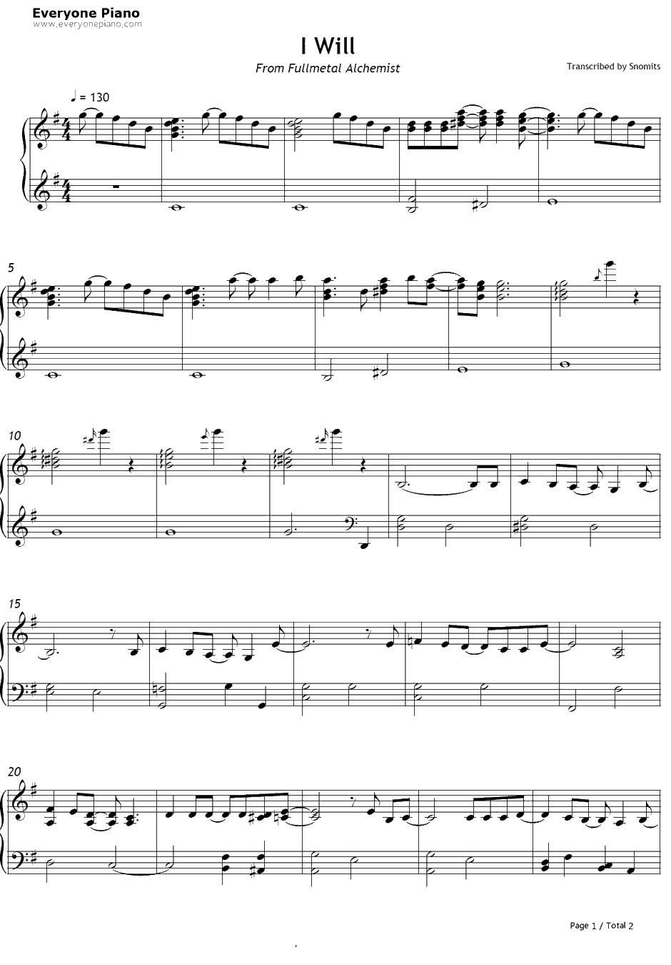 I Will钢琴谱-Sowelu-钢之炼金术师ED41