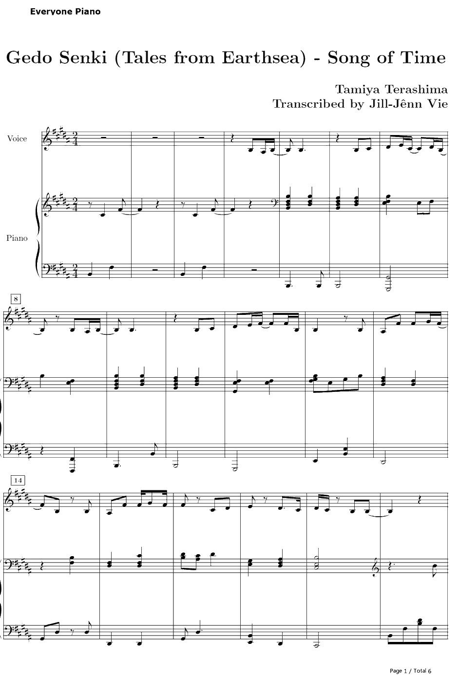 时の歌钢琴谱-手嶌葵-地海战记主题曲1