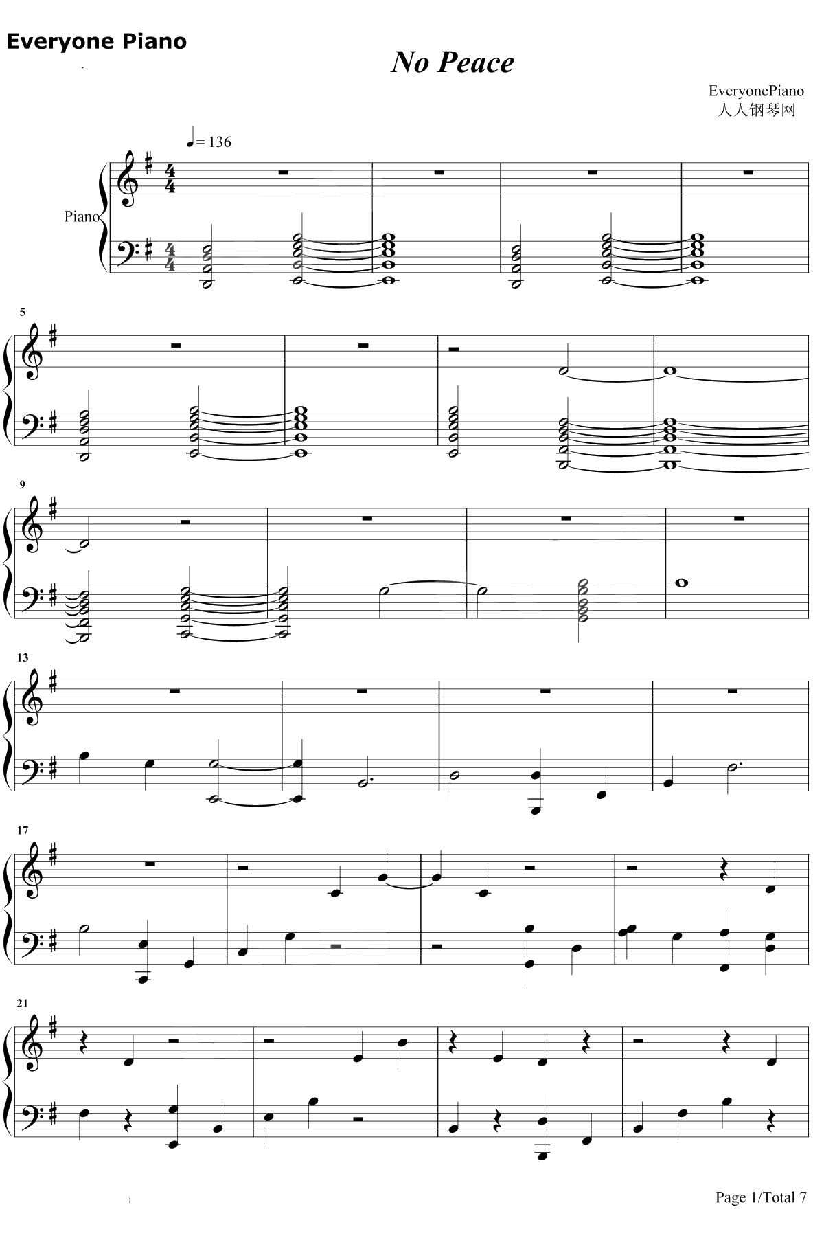 No Peace钢琴谱-Sam Smith/YEBBA1