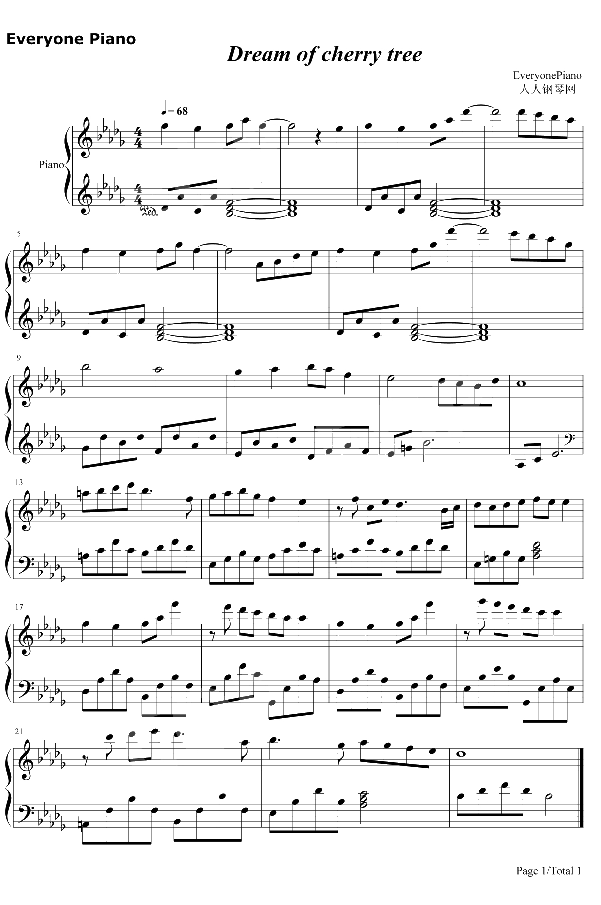 Dream Of Cherry Tree钢琴谱-猫野こめっと-游戏初音岛OST1