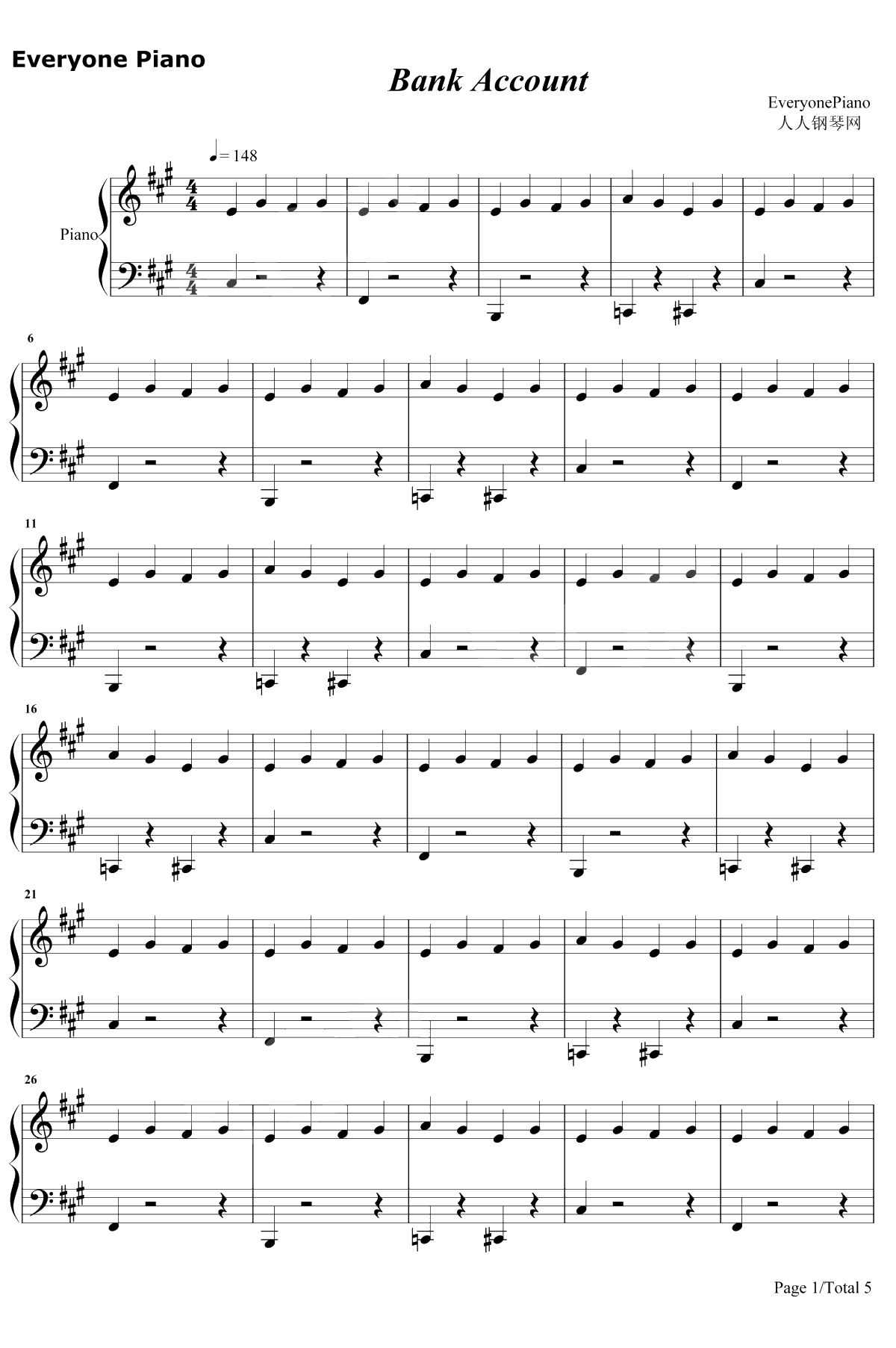 Bank Account钢琴谱-21 Savage1