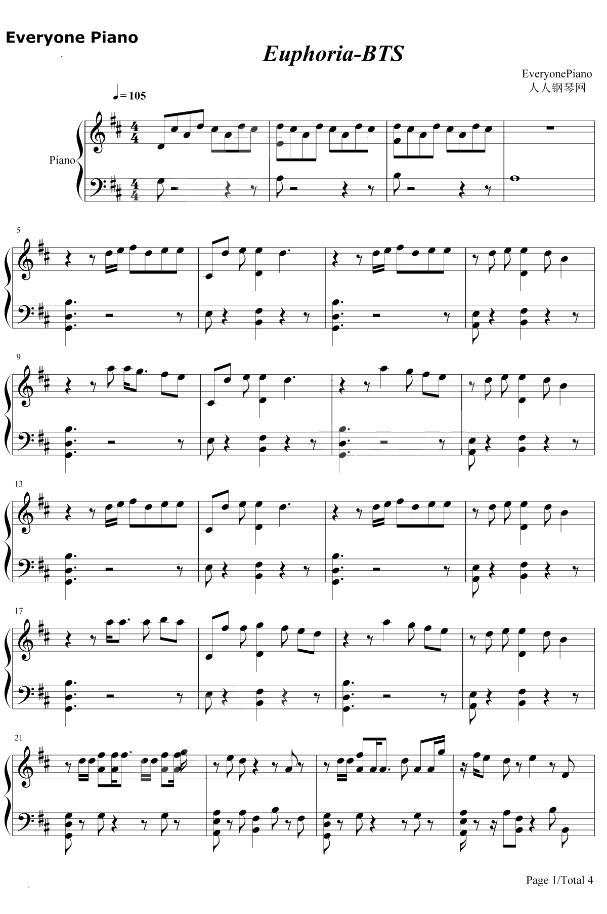 Euphoria钢琴谱-防弹少年团1