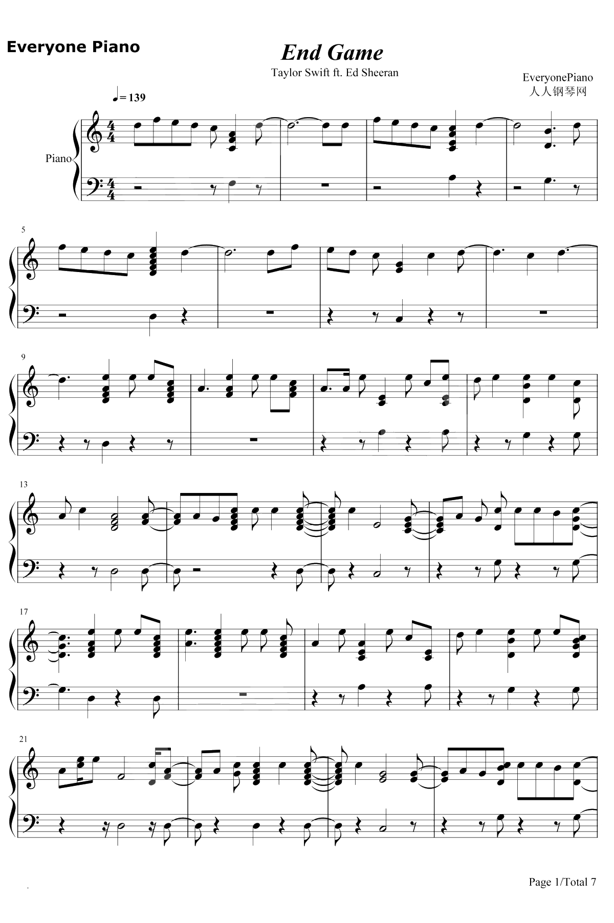 End Game钢琴谱-Taylor Swift1