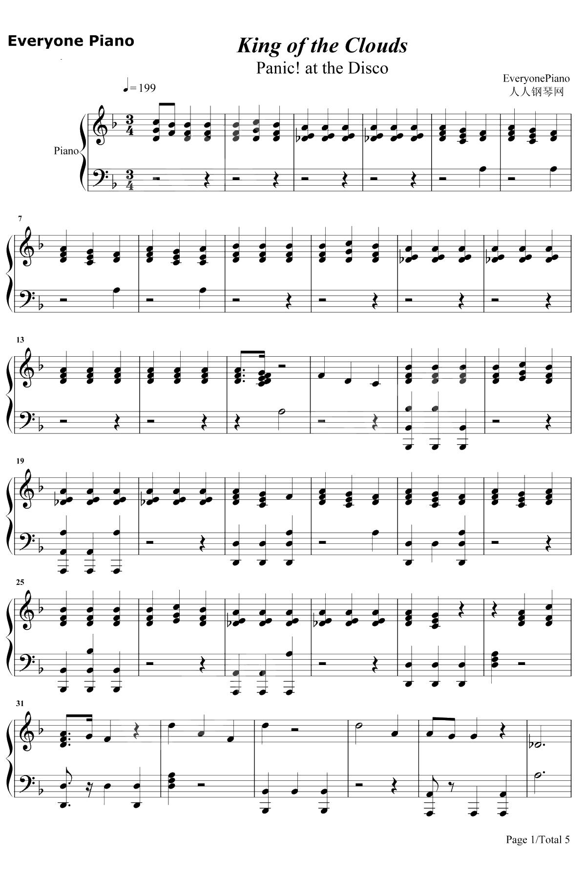 King of the Clouds钢琴谱-Panic! at the Disco1