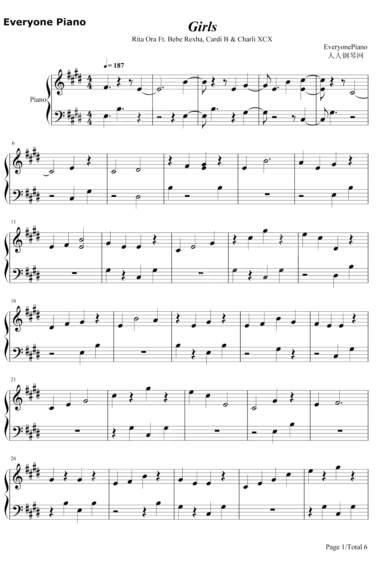 Girls钢琴谱-Rita Ora1