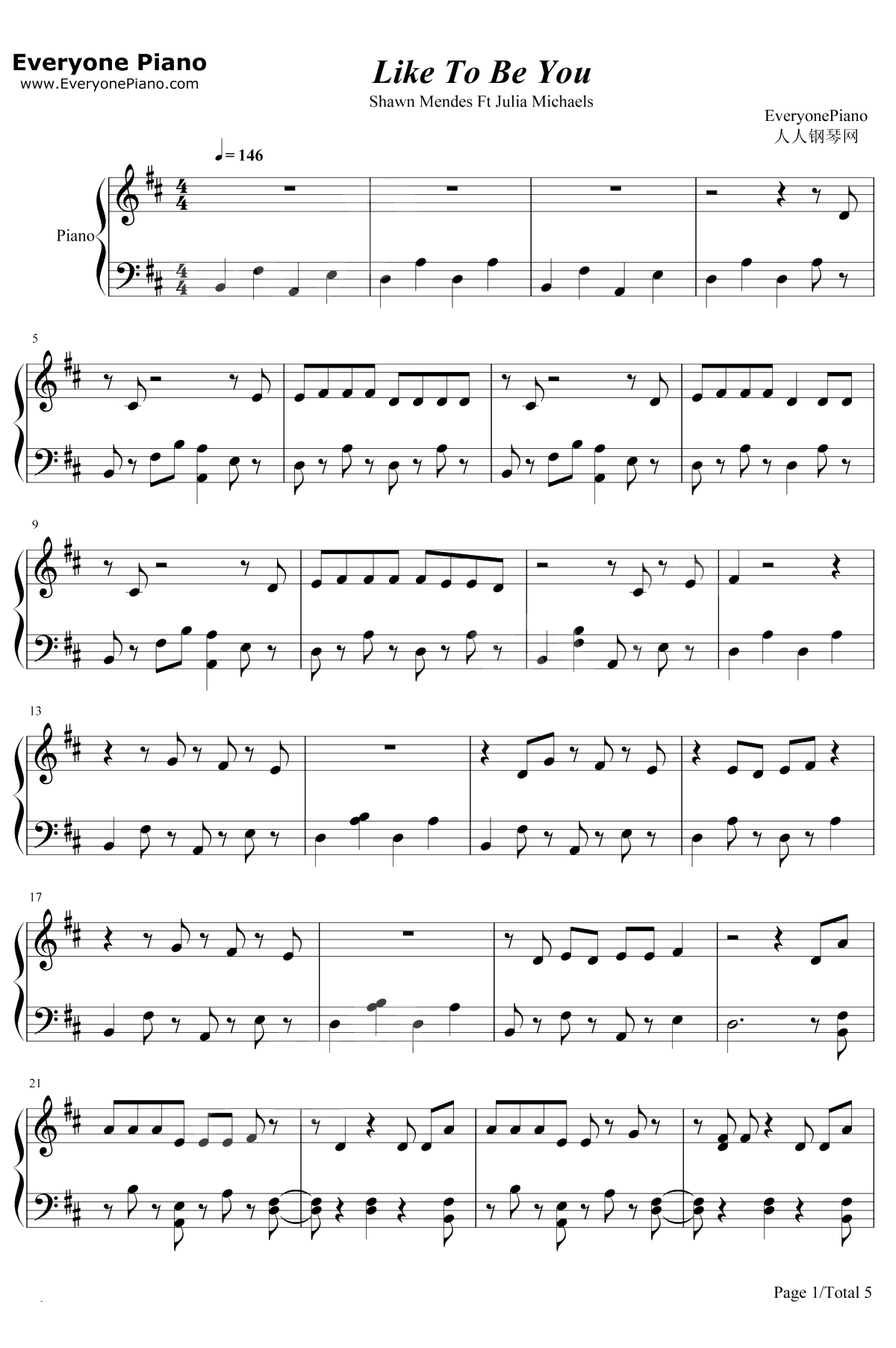 Like To Be You钢琴谱-Shawn Mendes / Julia Michaels1