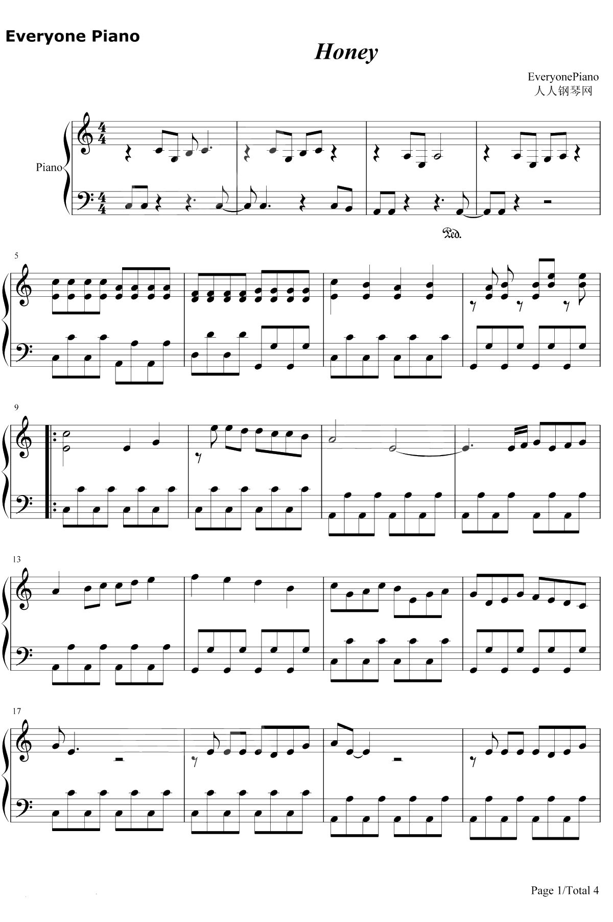 Honey钢琴谱-王心凌1
