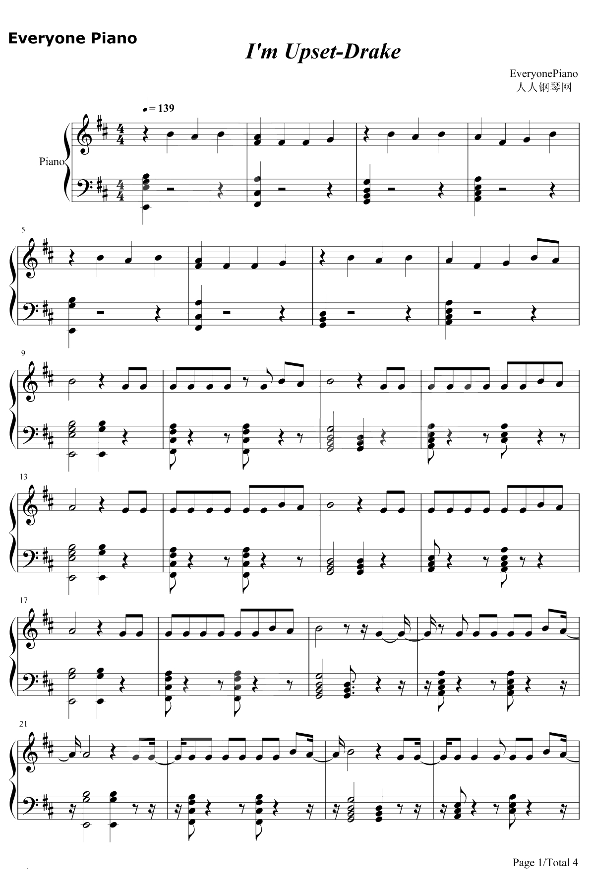 I'm Upset钢琴谱-Drake1