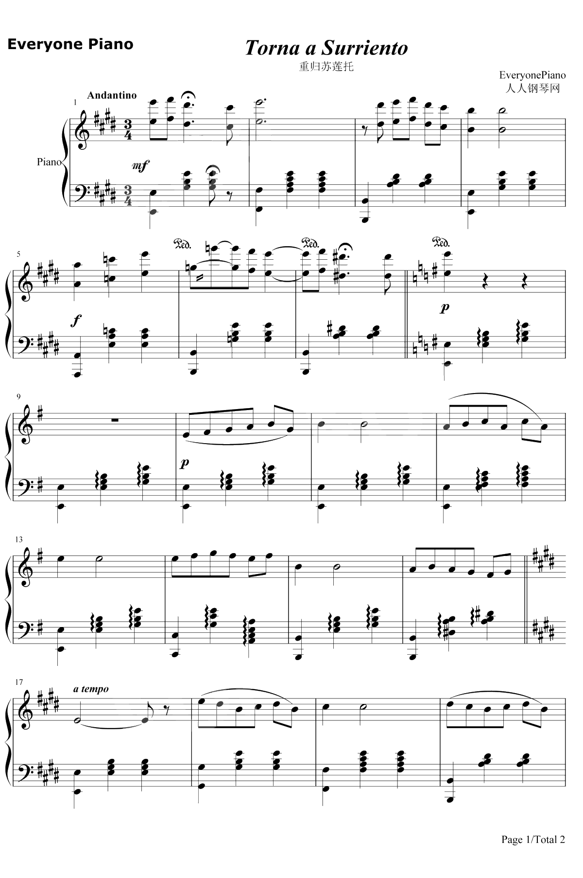 重归苏莲托钢琴谱-埃尔内斯托·第·库尔蒂斯1