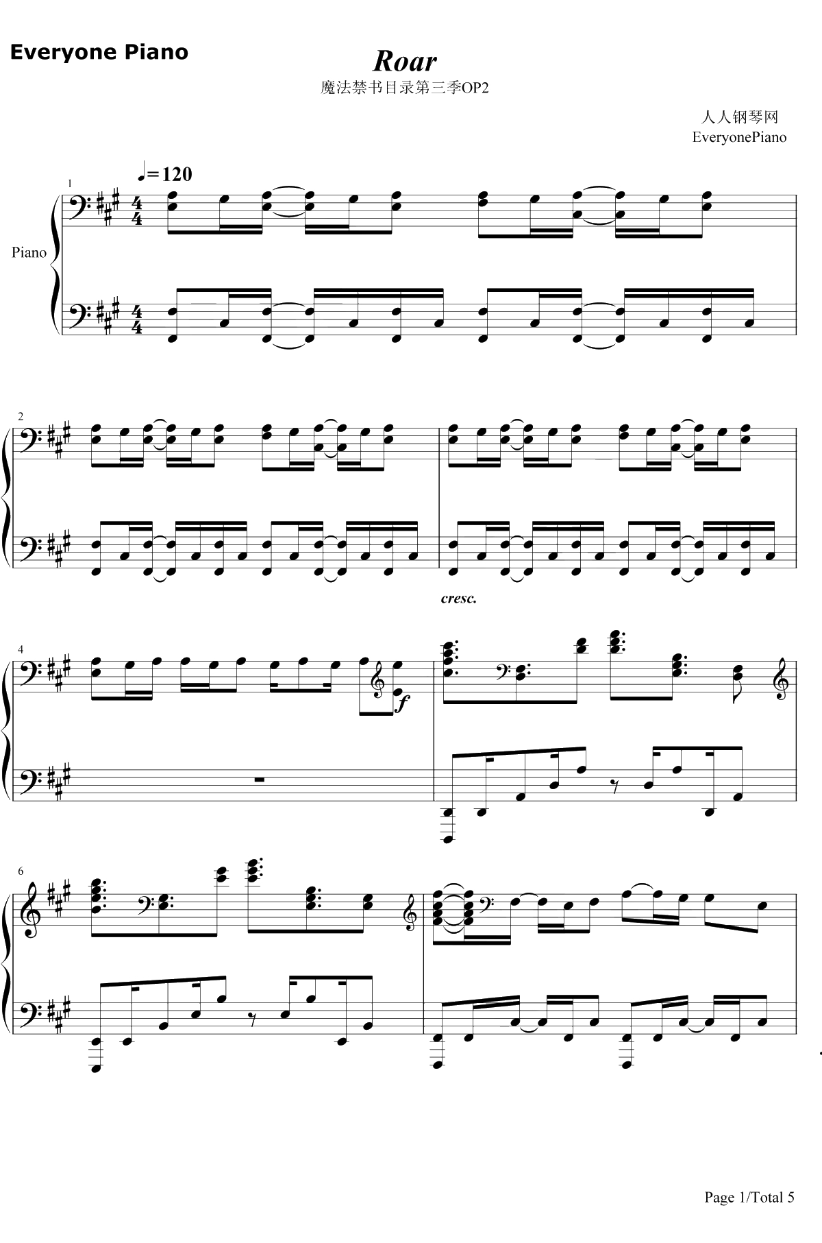 Roar钢琴谱-黑崎真音-魔法禁书目录第三季OP21