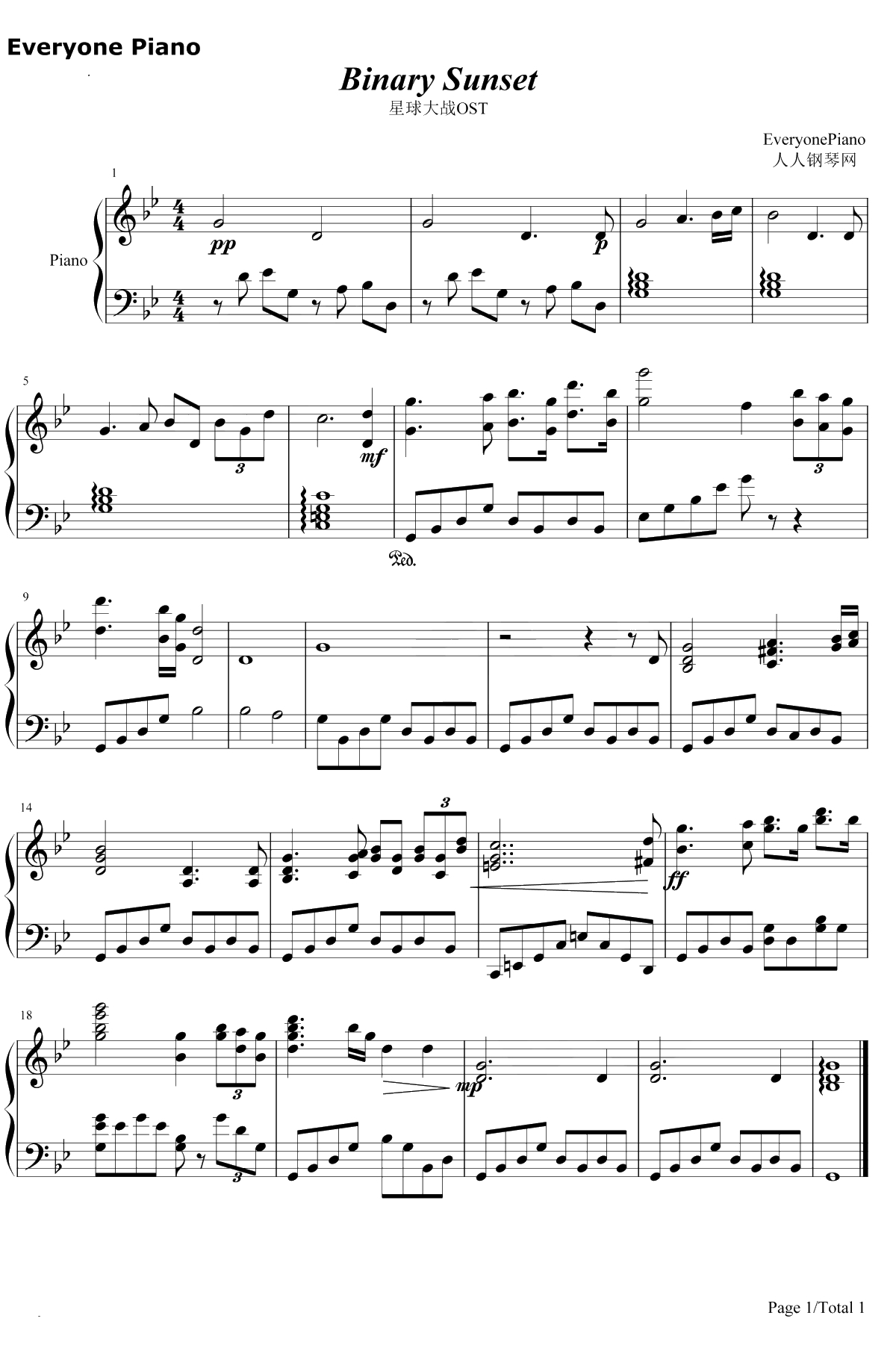 Binary Sunset钢琴谱-JohnWilliams-星球大战OST1