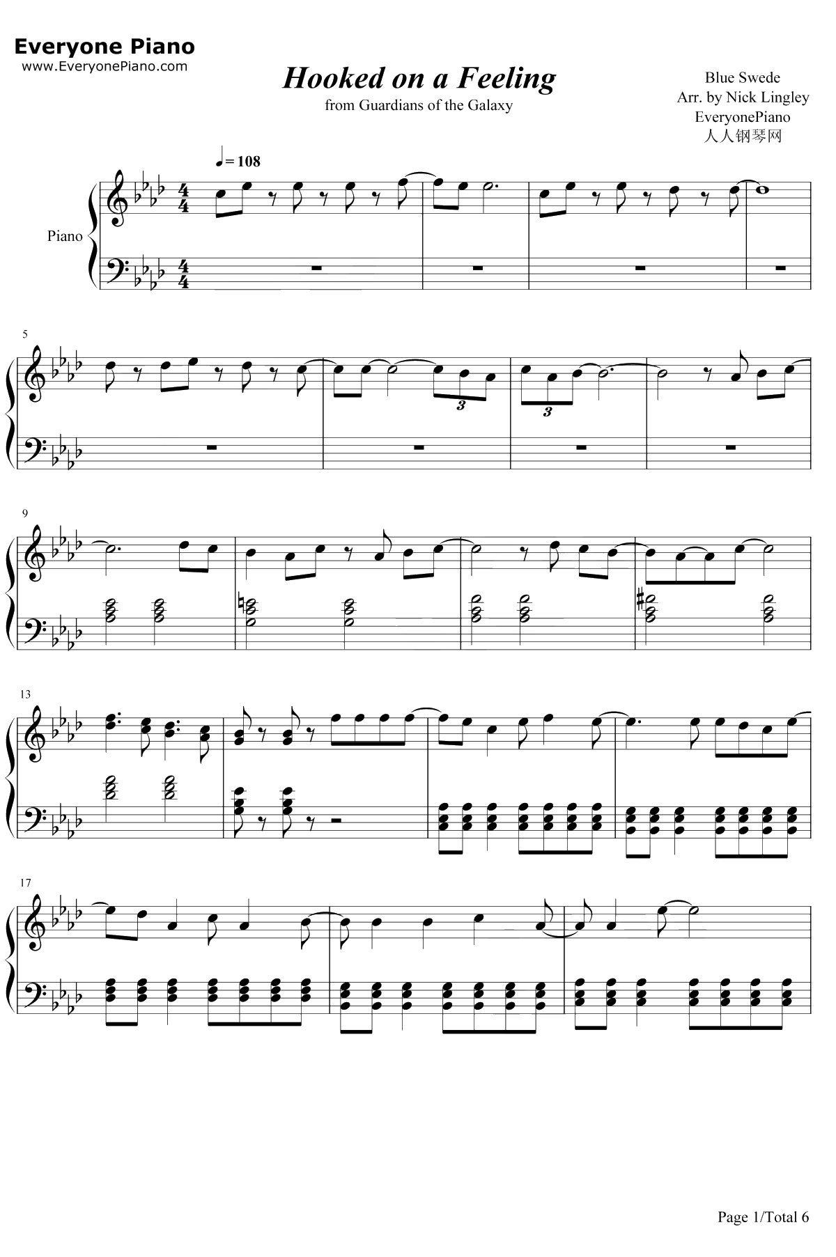 Hooked on aFeeling钢琴谱-BlueSwede-银河护卫队OST1