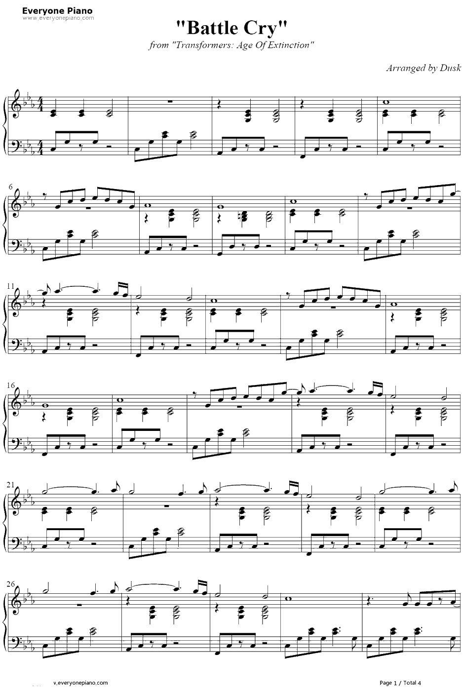 Battle Cry钢琴谱-ImagineDragons-变形金刚4：绝迹重生主题曲1