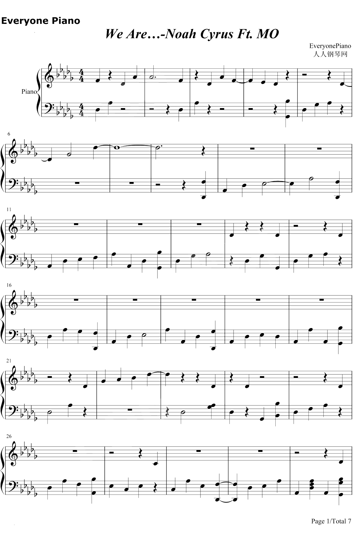 We Are钢琴谱-Noah Cyrus / MO1