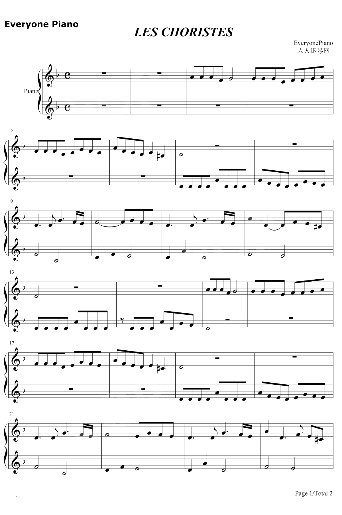 Les Choristes钢琴谱-Bruno Coulais1