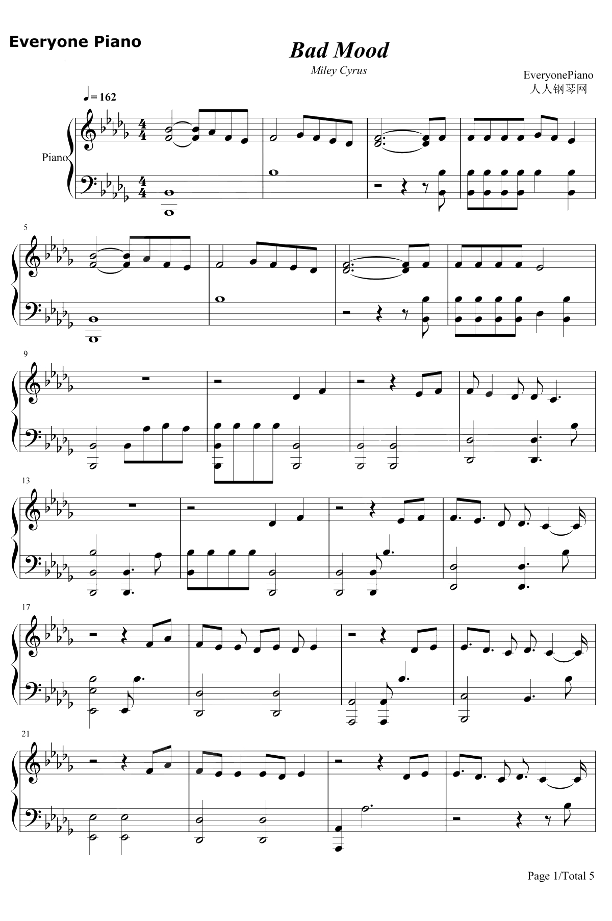 Bad Mood钢琴谱-Miley Cyrus1