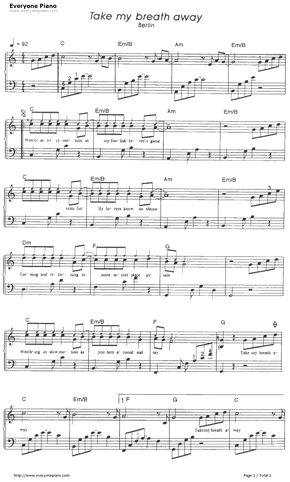 Take My Breath Away钢琴谱-Berlin　　柏林乐队　-壮志凌云主题曲1