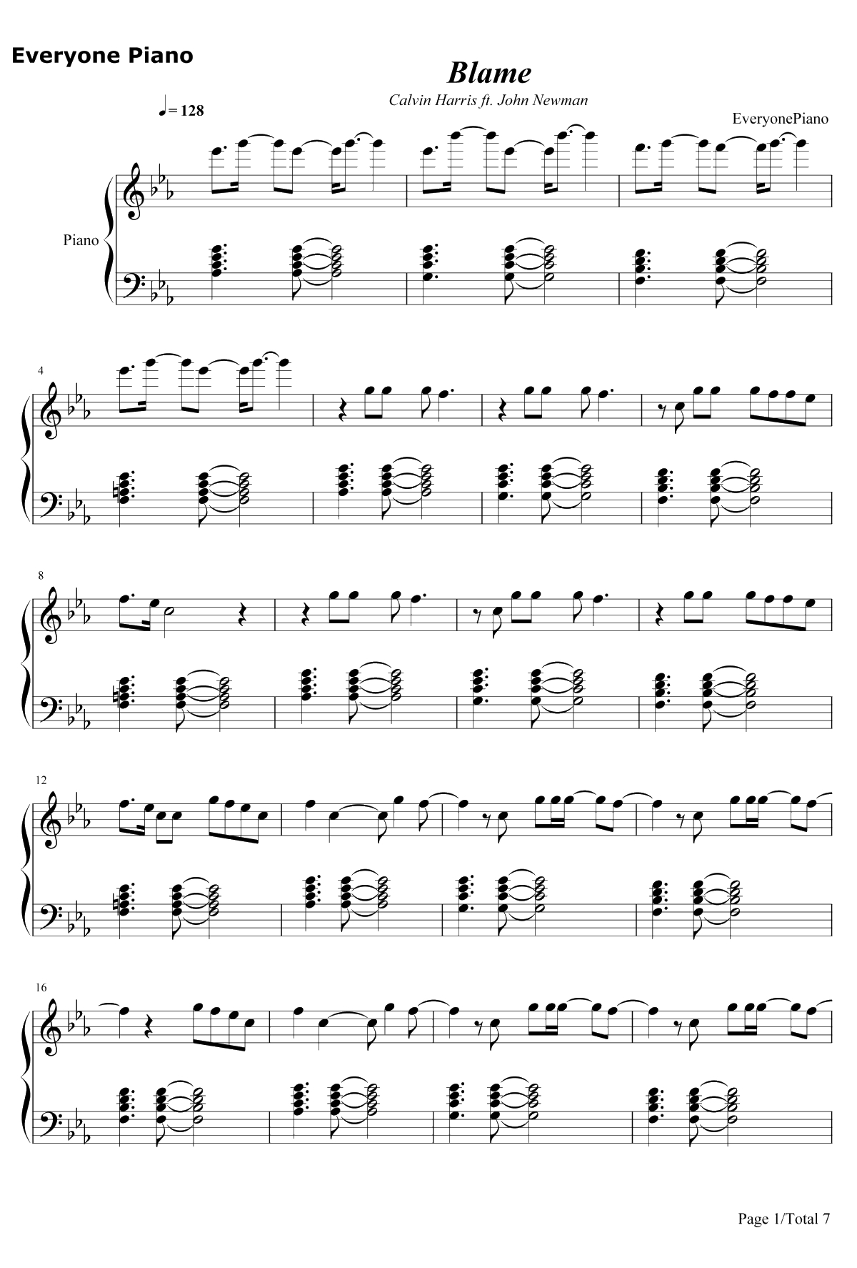 Blame钢琴谱-CalvinHarrisft.JohnNewman1