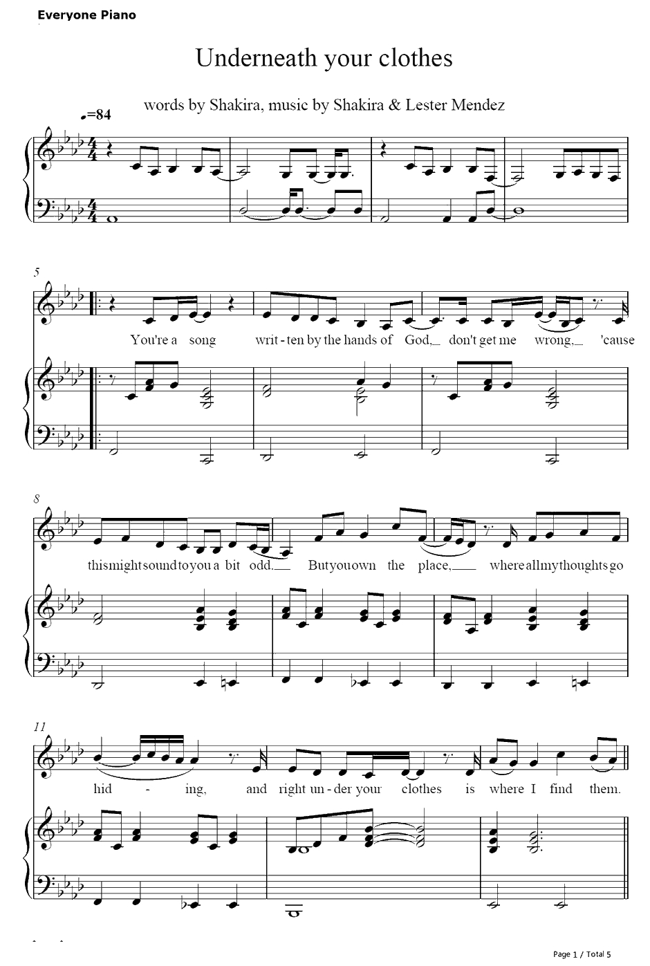 Underneath Your Clothes钢琴谱-Shakira1