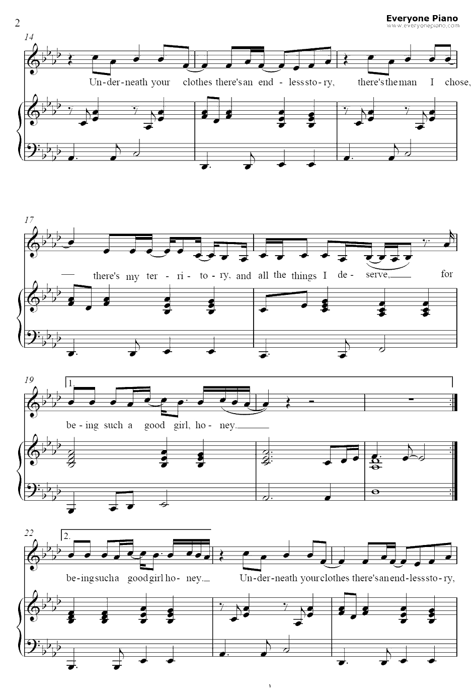 Underneath Your Clothes钢琴谱-Shakira2