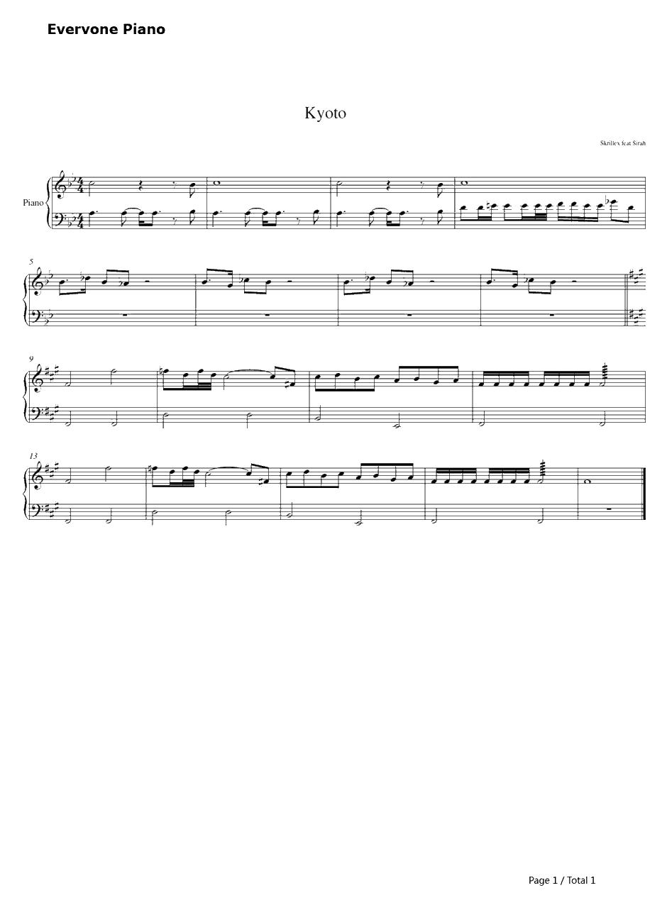 Kyoto钢琴谱-SkrillexFeat.Sirah-Skrillex（Feat.Sirah）1