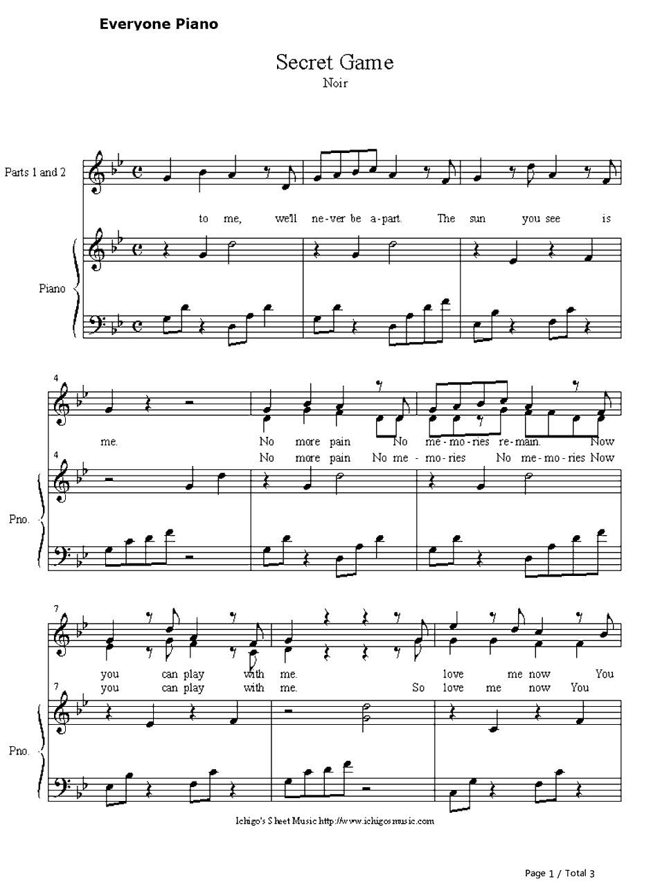 secret game钢琴谱-笠原由里-黑街二人组插曲1