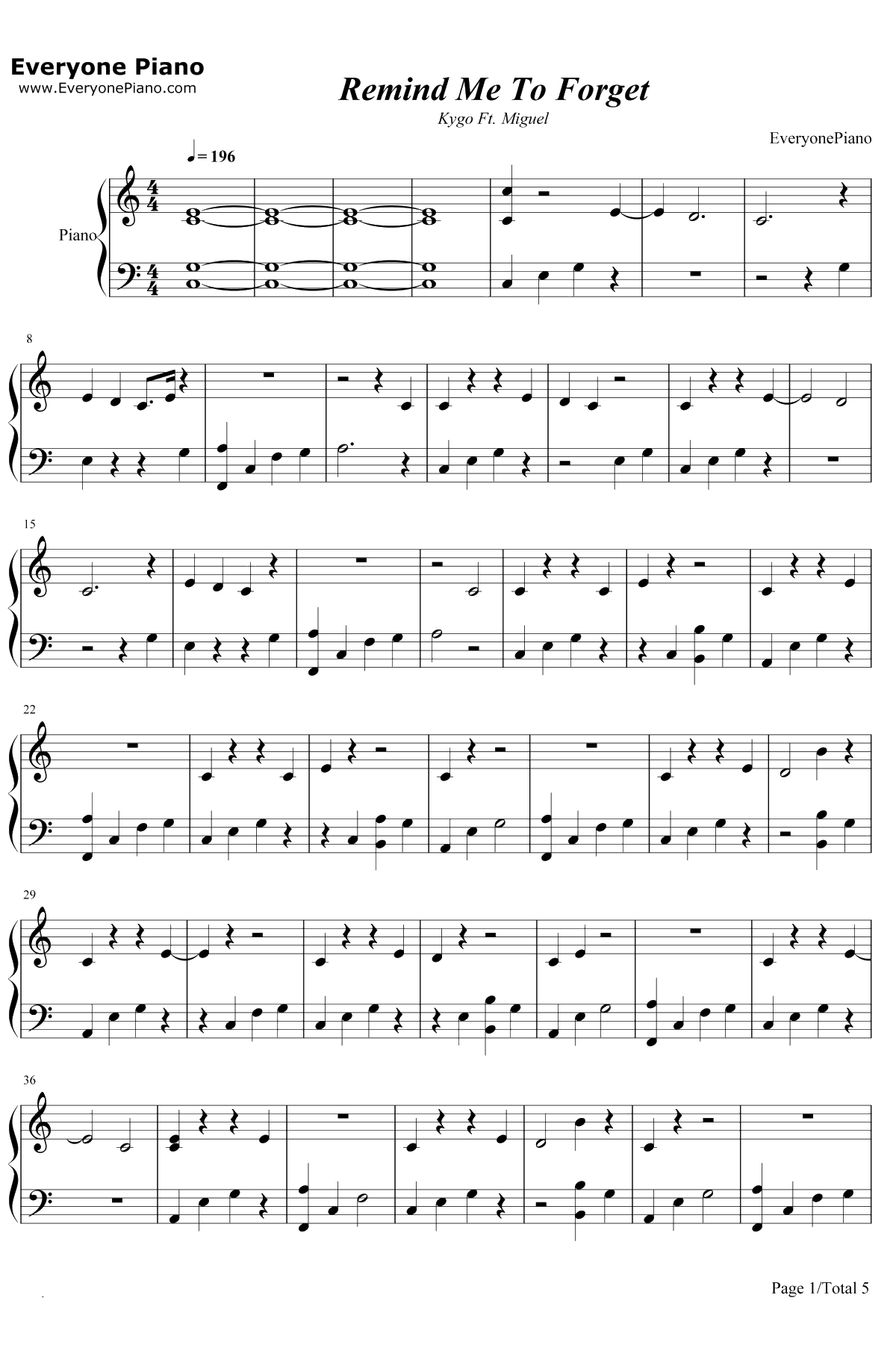 Remind Me To Forget钢琴谱-Kygo / Miguel1