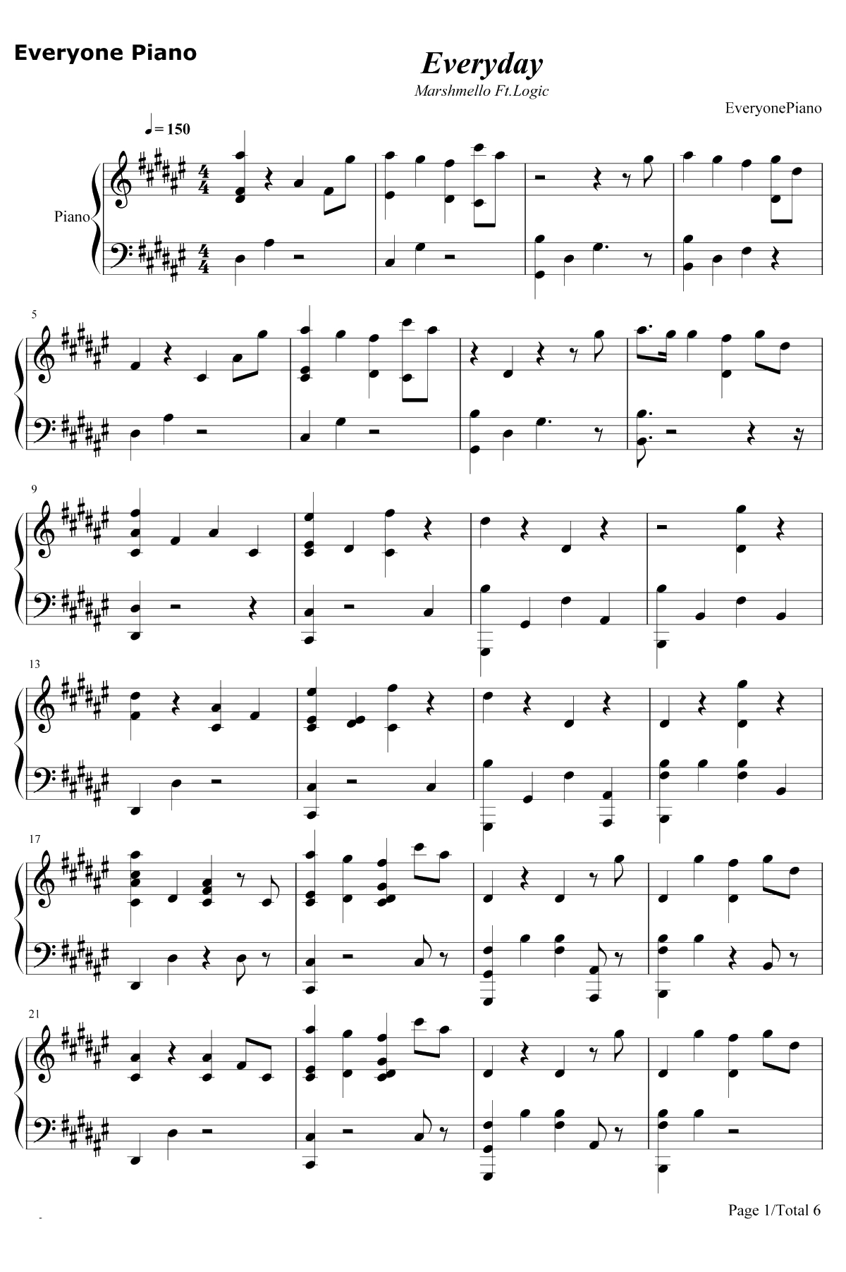 Everyday钢琴谱-Marshmello / Logic1