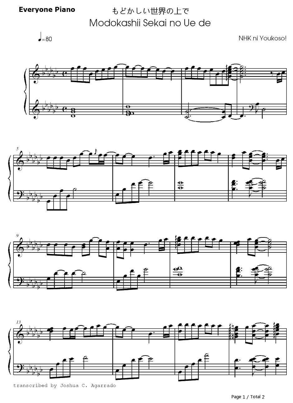 もどかしい世界の上で钢琴谱-牧野由依-欢迎加入NHK!ED21