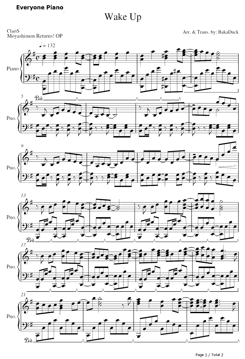 Wake Up钢琴谱-ClariS-萌菌物语ReturnsOP1