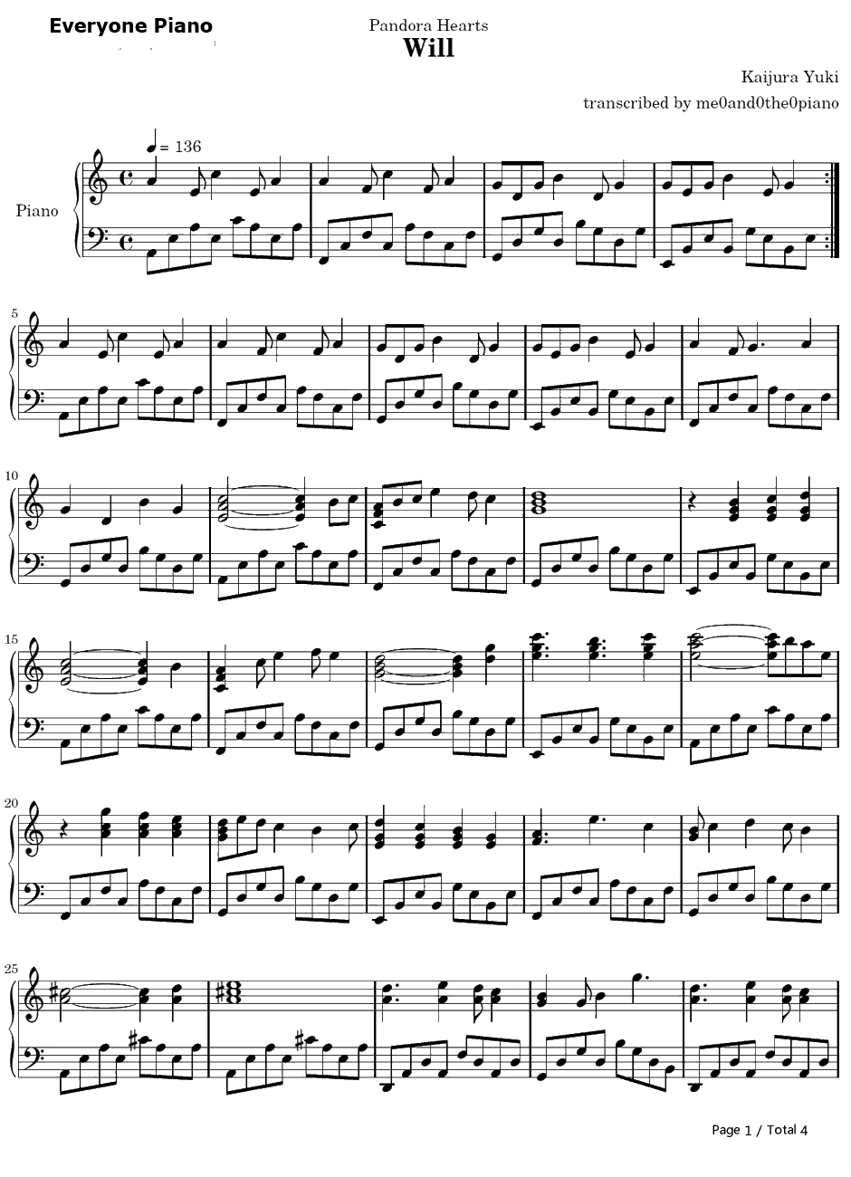 Will钢琴谱-梶浦由记-潘朵拉之心OST1