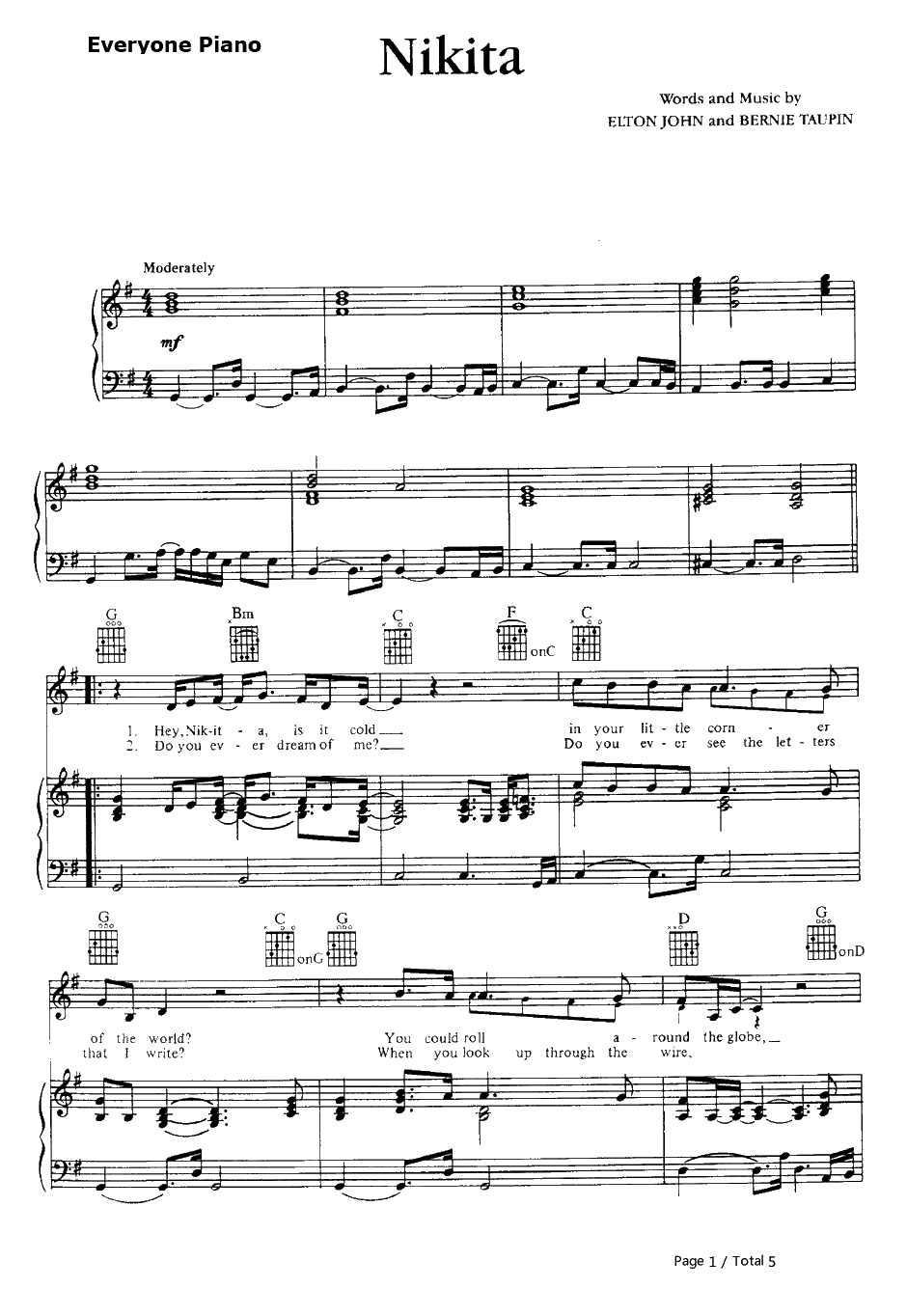 Nikita钢琴谱-EltonJohn　艾尔顿·约翰　1