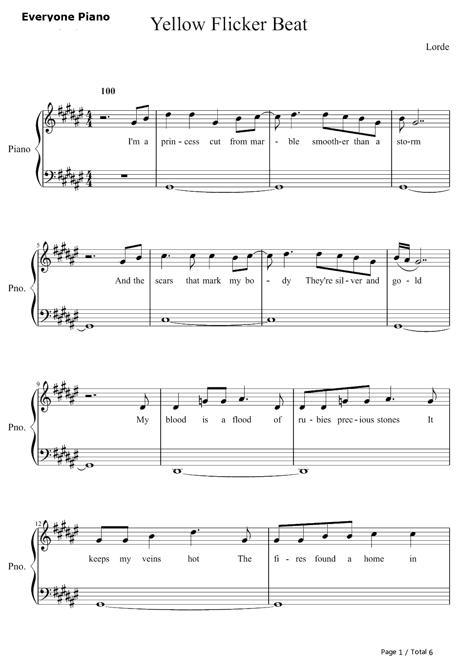 Yellow Flicker Beat钢琴谱-Lorde-饥饿游戏3：嘲笑鸟（上）主题曲1