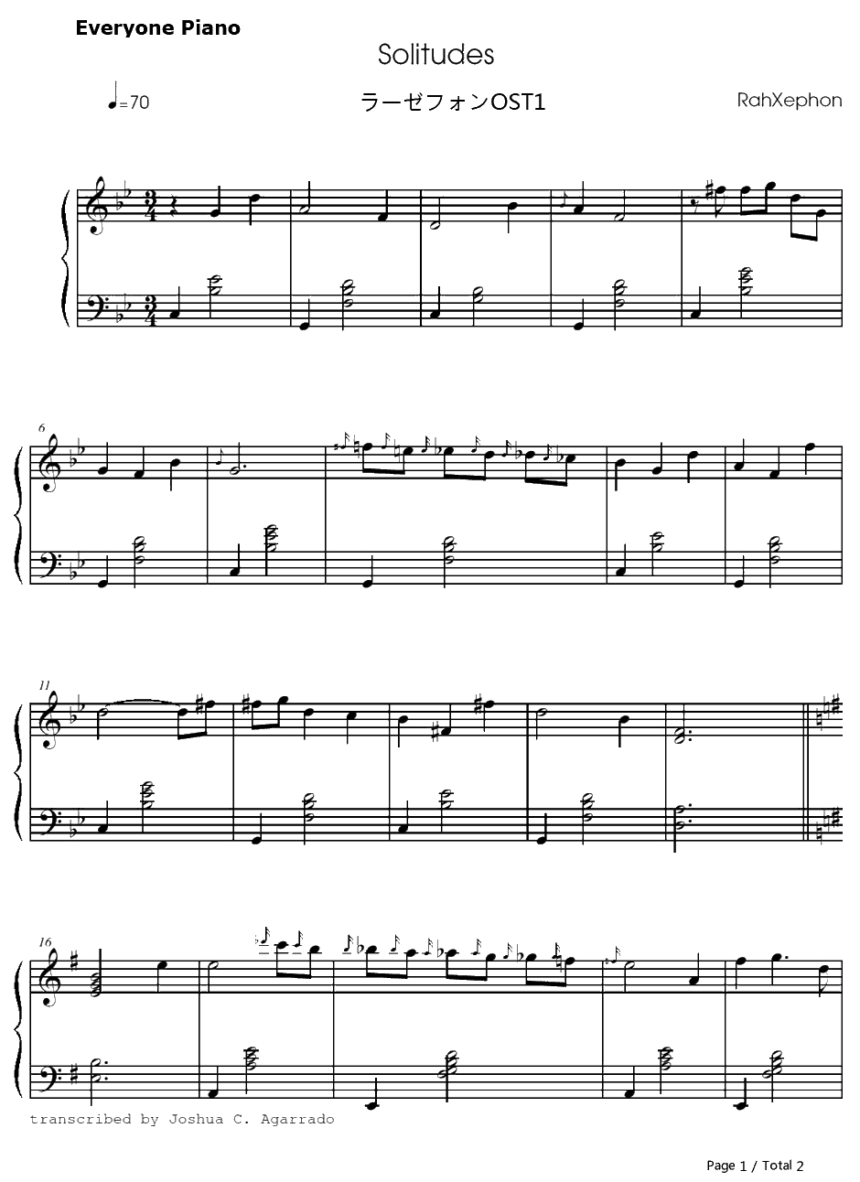 Solitudes钢琴谱-桥本一子-翼神传说OST11