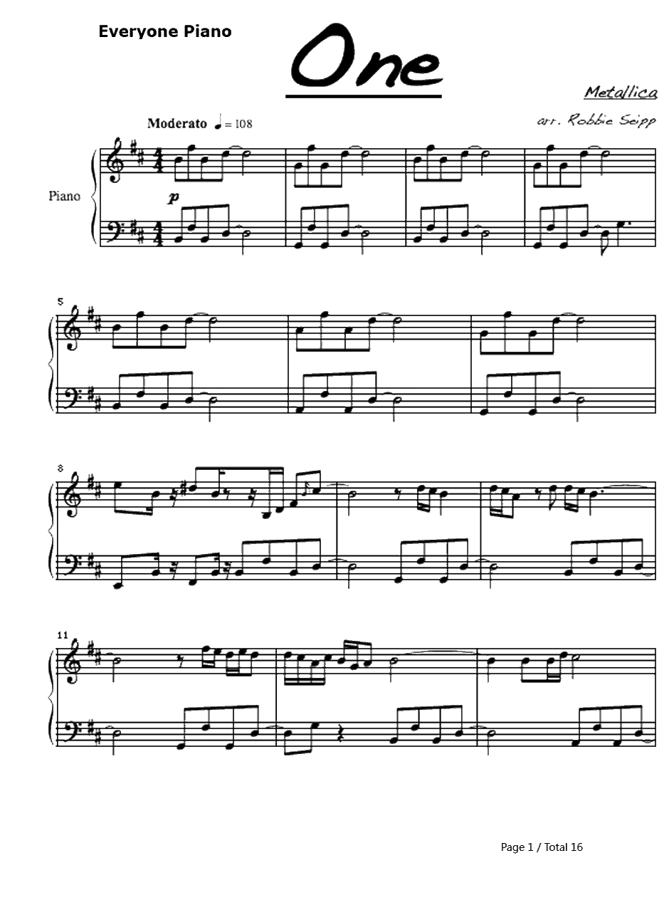 One钢琴谱-Metallica1