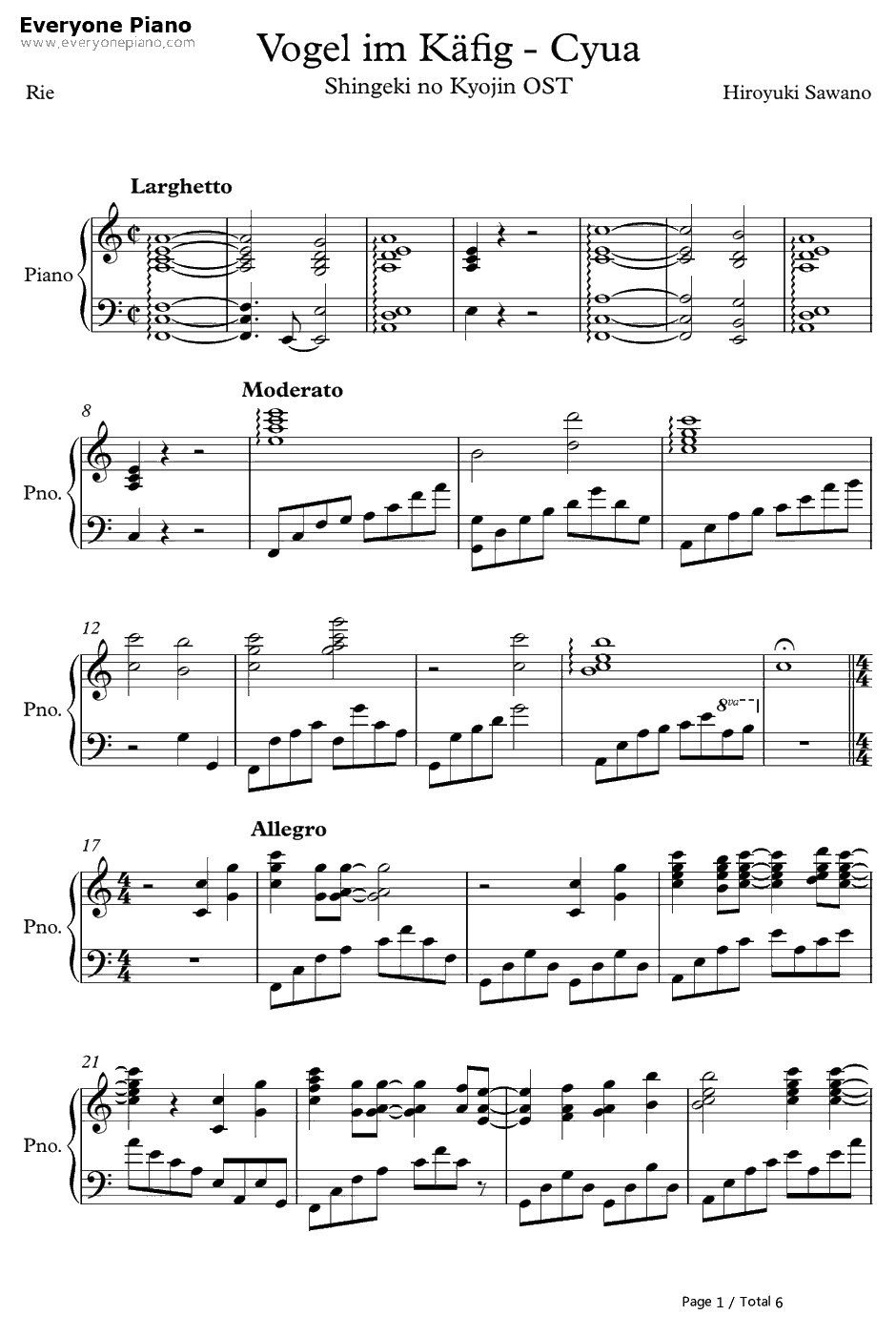 Vogel im Käfig钢琴谱-泽野弘之-进击的巨人OST1