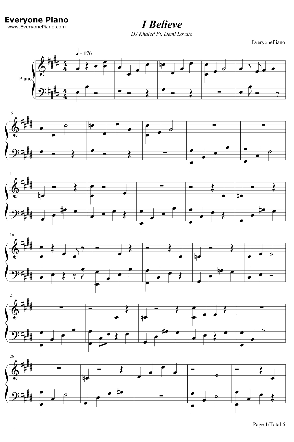 I Believe钢琴谱-DJ Khaled / Demi Lovato1