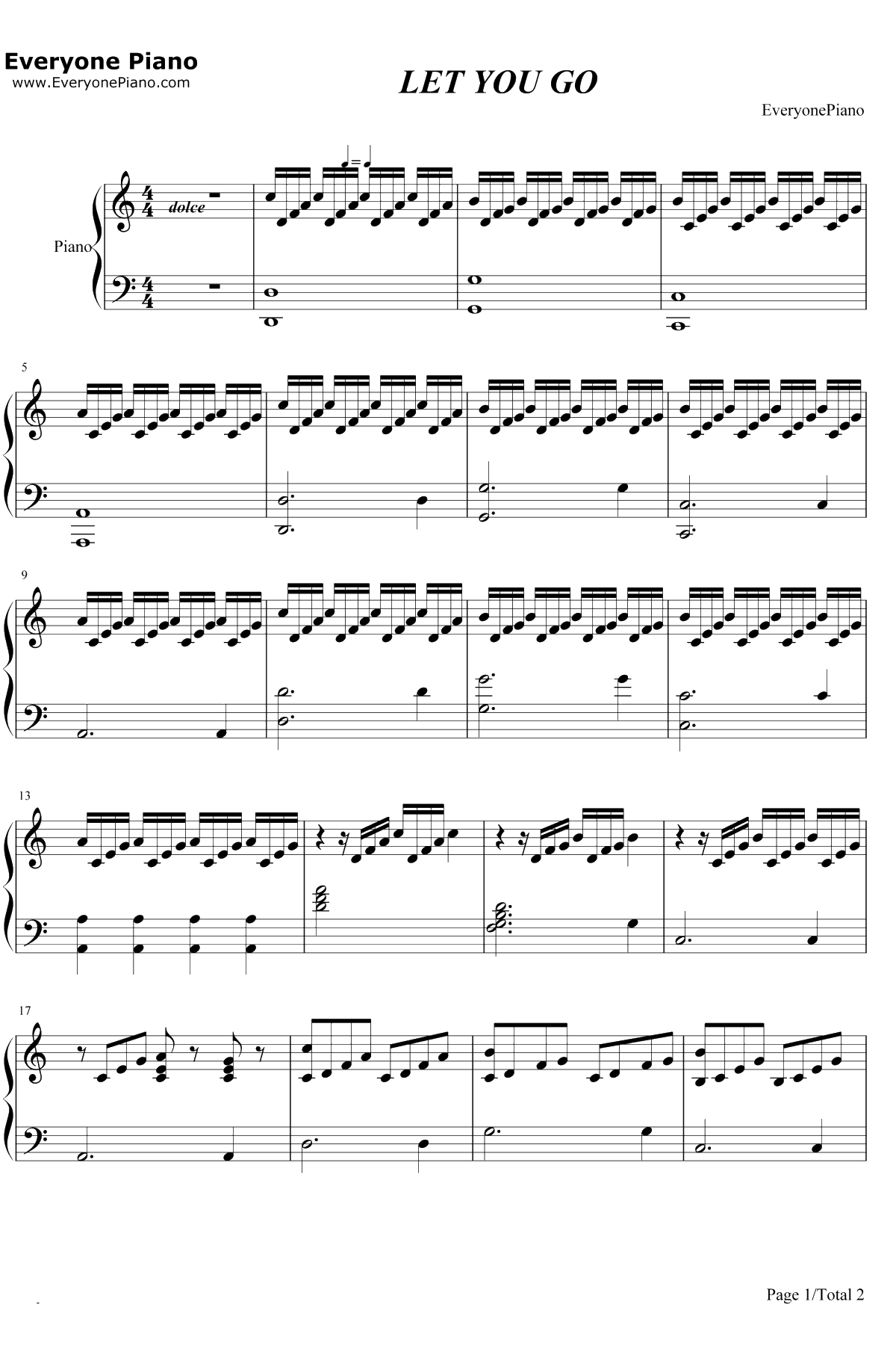 Let You Go 钢琴谱-牛奶咖啡1